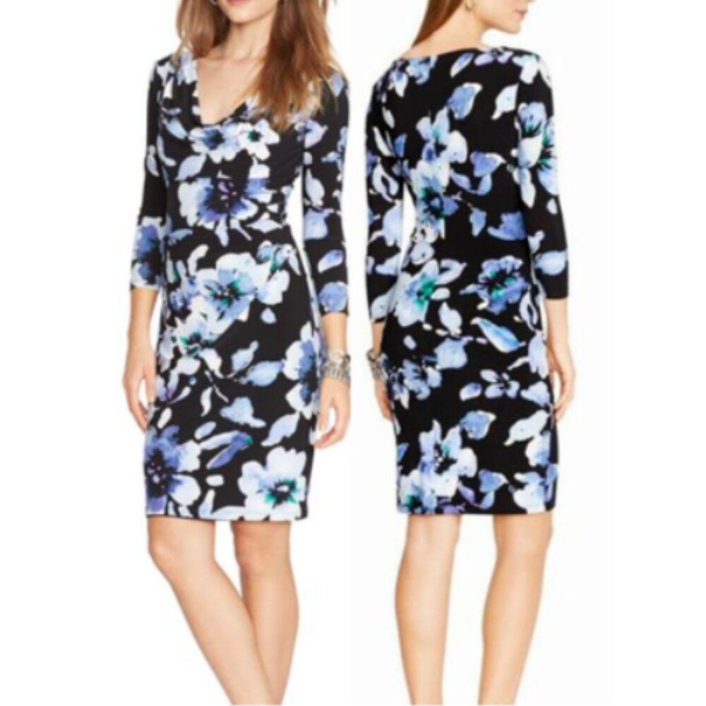 Lauren Ralph Lauren Women's Drape Cowl Neck Blue Floral Black Bodycon Dress 10